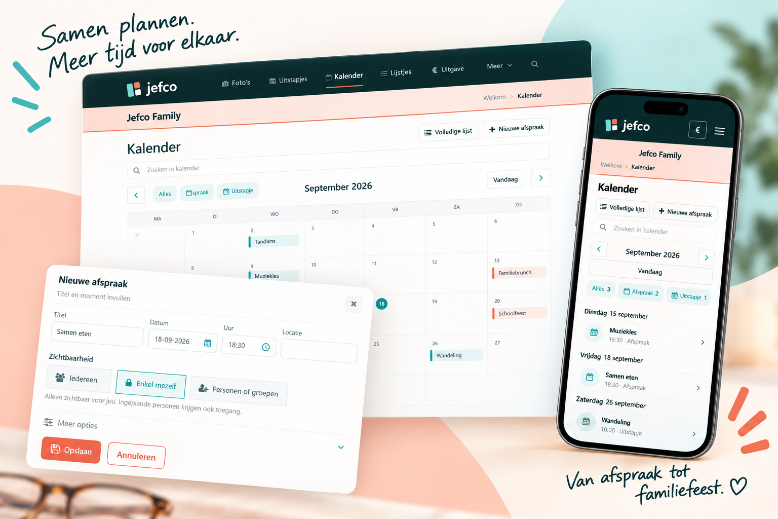 Speelse desktop- en mobiele weergave van Jefco Agenda met maandkalender, daglijst en een formulier voor een nieuwe afspraak
