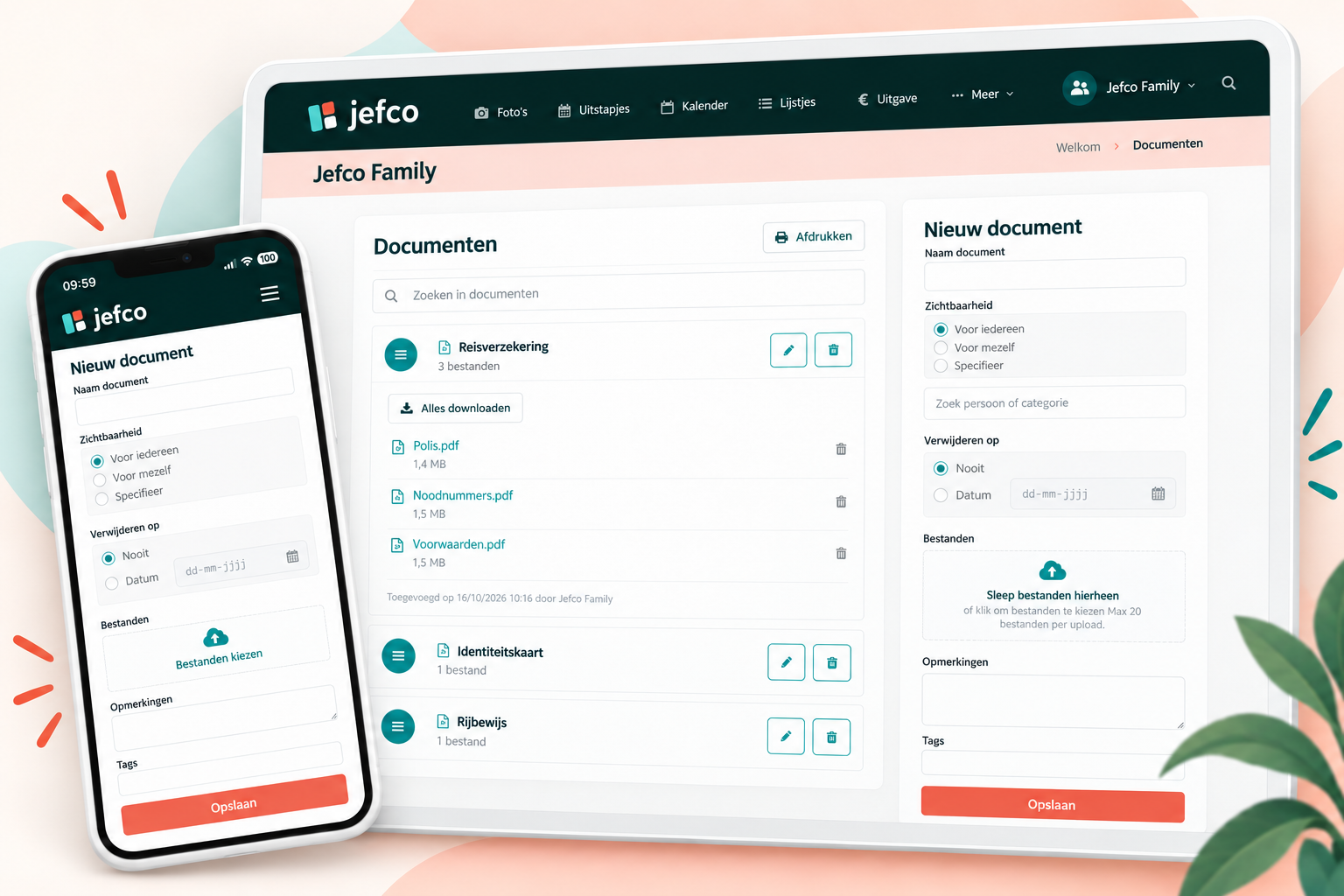 Realistische desktop- en mobiele weergave van Jefco Documenten met een documentenlijst, uitgevouwen bestanden en het formulier voor een nieuw document