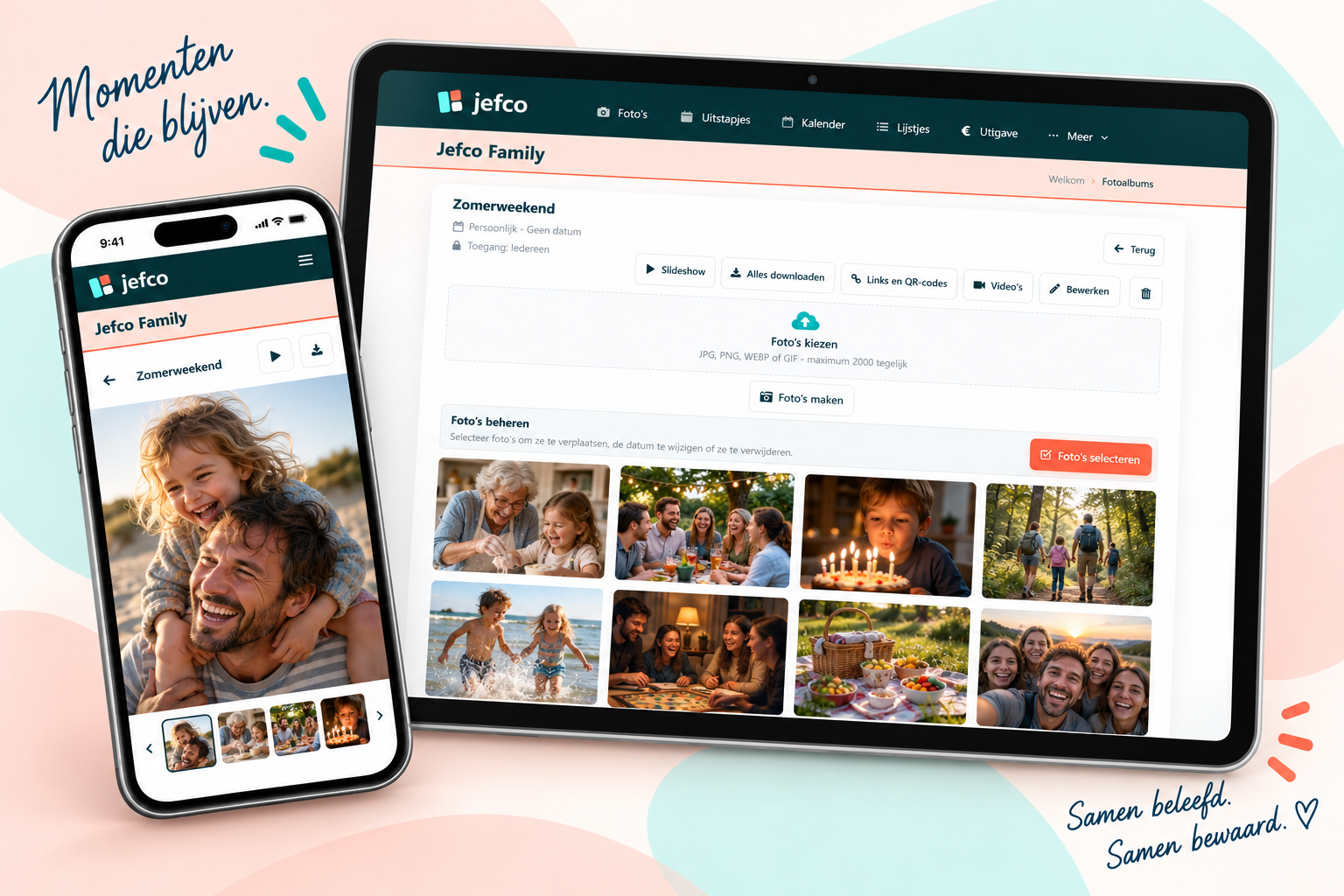 Speelse desktop- en mobiele weergave van een Jefco Family-fotoalbum met herkenbare familie- en vriendenmomenten