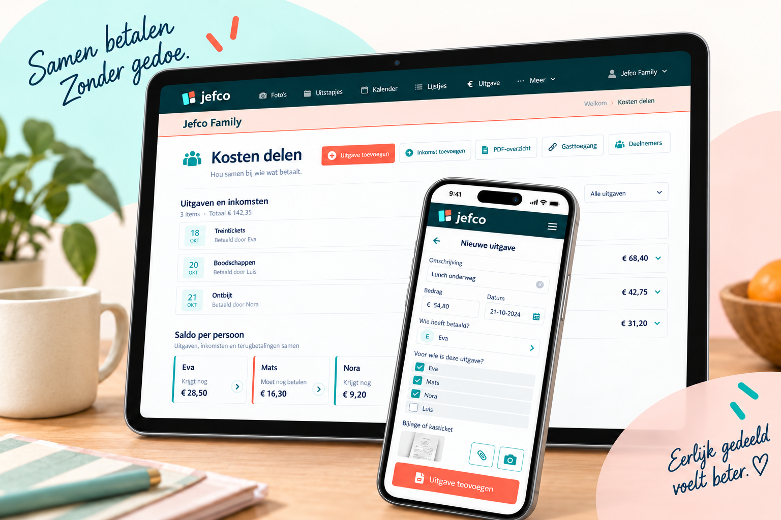 Speelse desktop- en mobiele weergave van Kosten delen met gezamenlijke uitgaven, persoonlijke saldi en een formulier voor een nieuwe uitgave